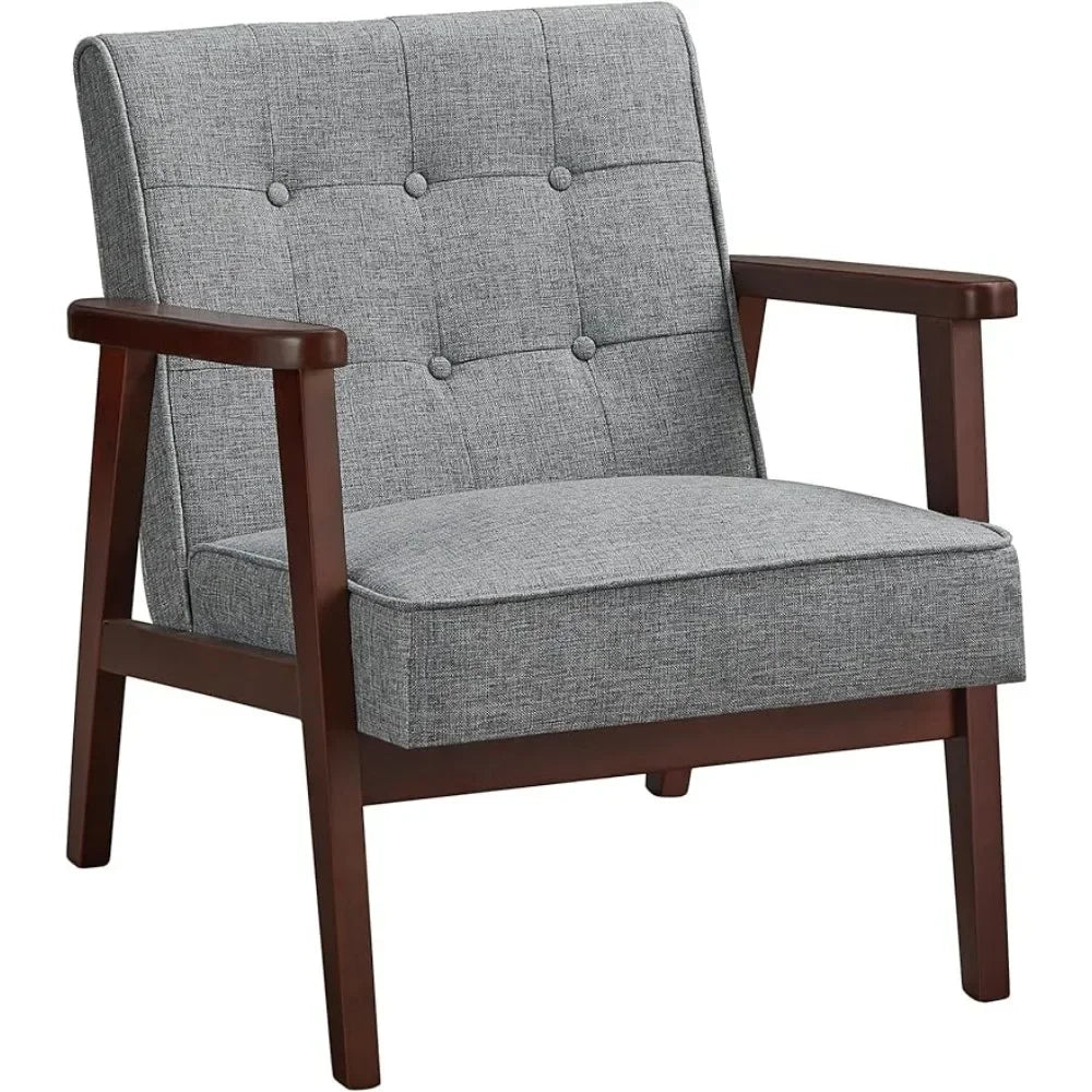 Accent Leisure Chair, Mid-Century Modern Arm Chair with Solid Wood Armrests and Legs, 1-Seat Cushioned Sofa, Light Gray