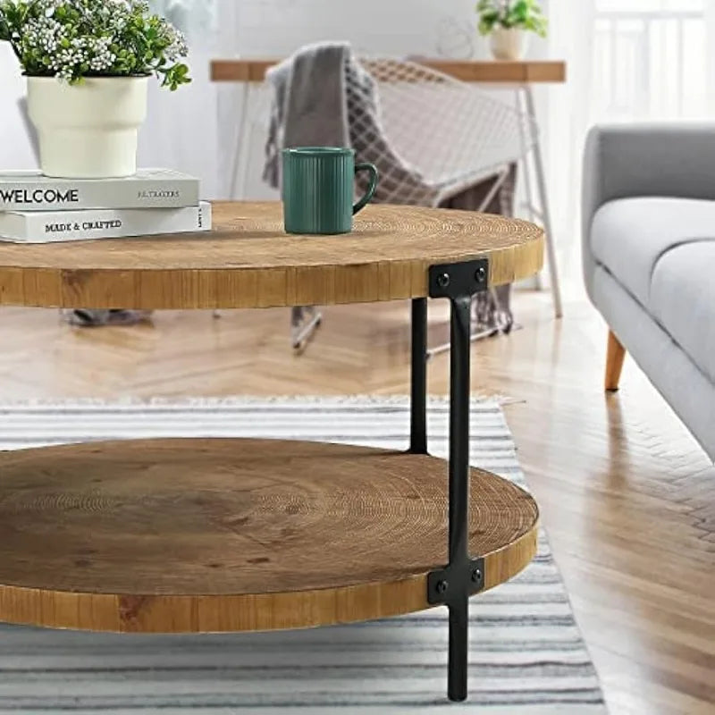 Round Boho Wood Coffee Table -31.5"Farmhouse Natural Circle Wooden 2-Tier Coffee Tables Living Room Furniture,Natural Wood Color