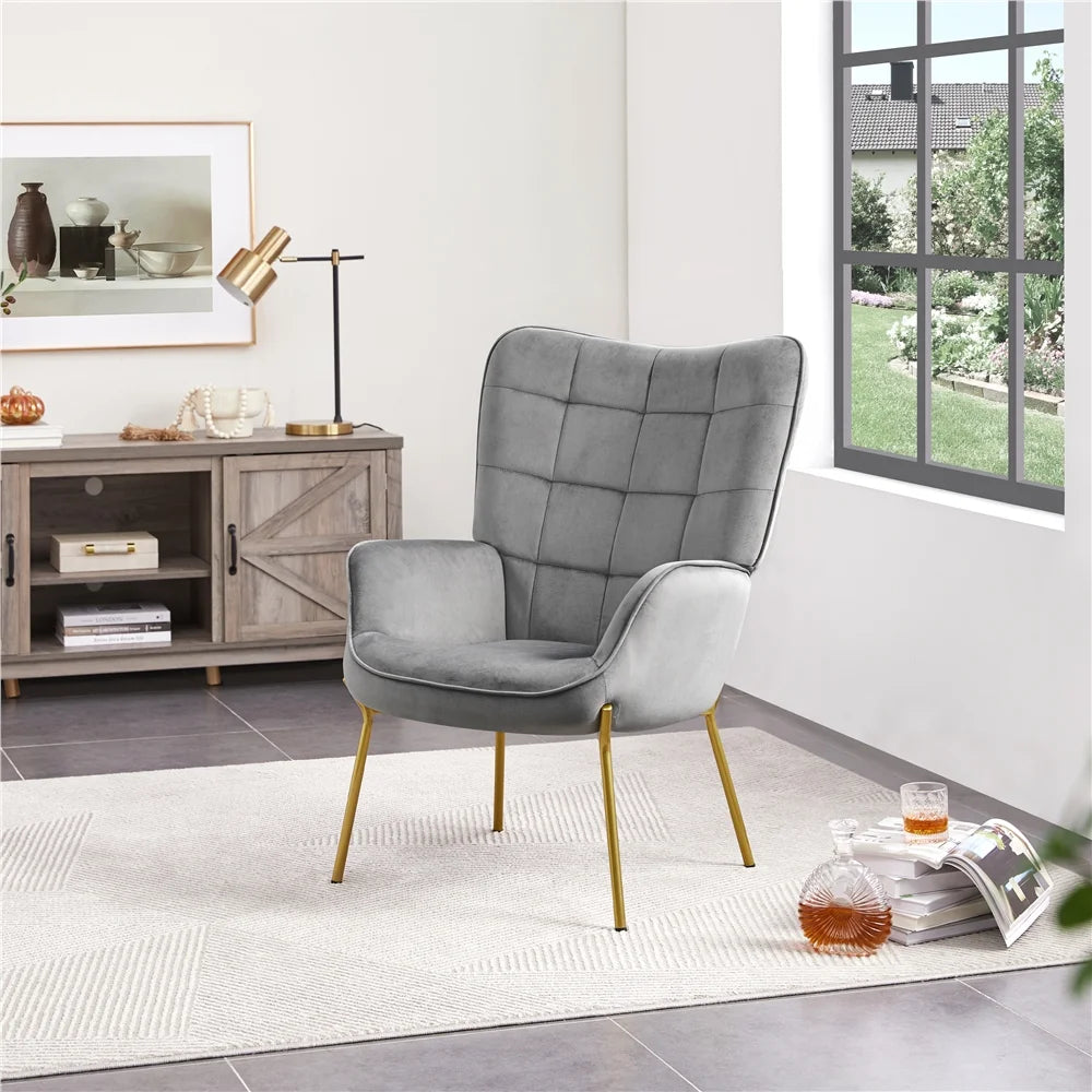 Modern Velvet Upholstered Accent Chair with Tufted High Back,Light Gray