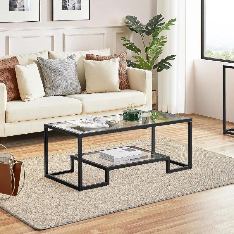 Gold Coffee Table, 42" Rectangular Glass Coffee Table for Living Room, 2-Tier Center Tea Table with Metal Frame for Small Space