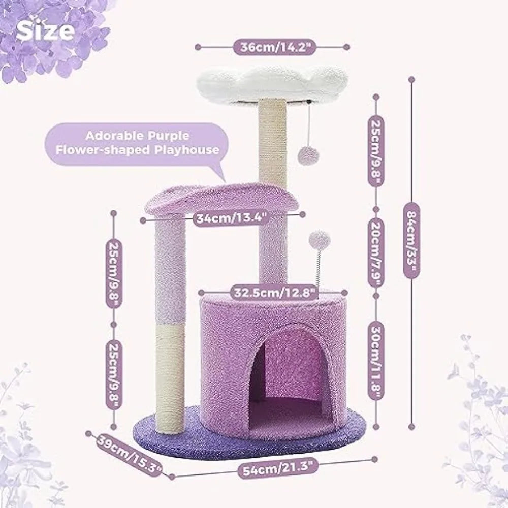 32 Inches Purple Flower Cat Tower with Sisal Covered Scratching Post, Cozy Condo, Plush Perches and Fluffy Balls cat furniture