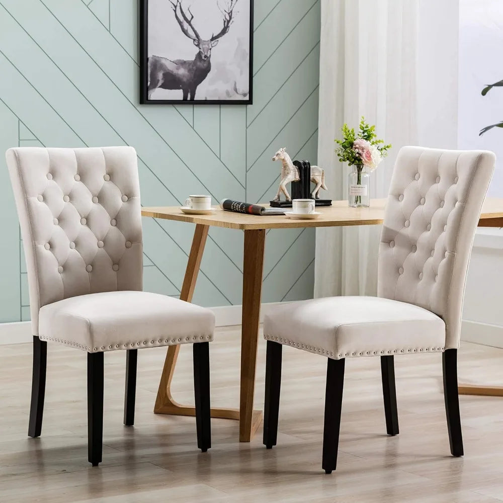 Kitchen Chairs Living Room Wood Accent Chair With Nailed Trim Velvet Dining Chair Set of 2 Beige Individual Armchair Bar Stools