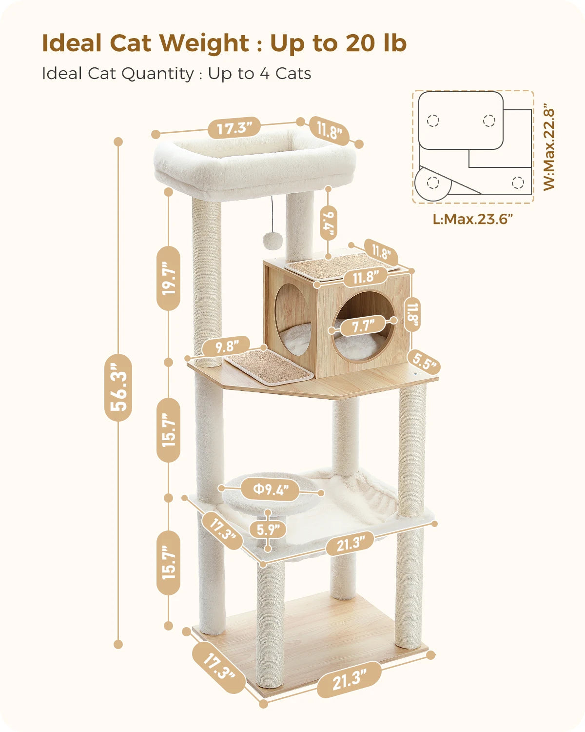 Multi-Level Cat Tree Condo with Sisal Scratching Posts Wood Cat Tree for Indoor with Cozy Condo Super Large Hammock Plush Perch