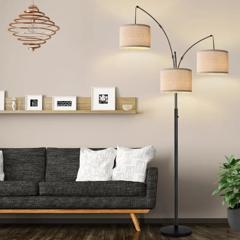 3 Lights Arc Floor Lamps for Living Room, 1000LM Modern Tall Standing Lamp With Beige Shades & Heavy Base, 3 LED Bulbs Include