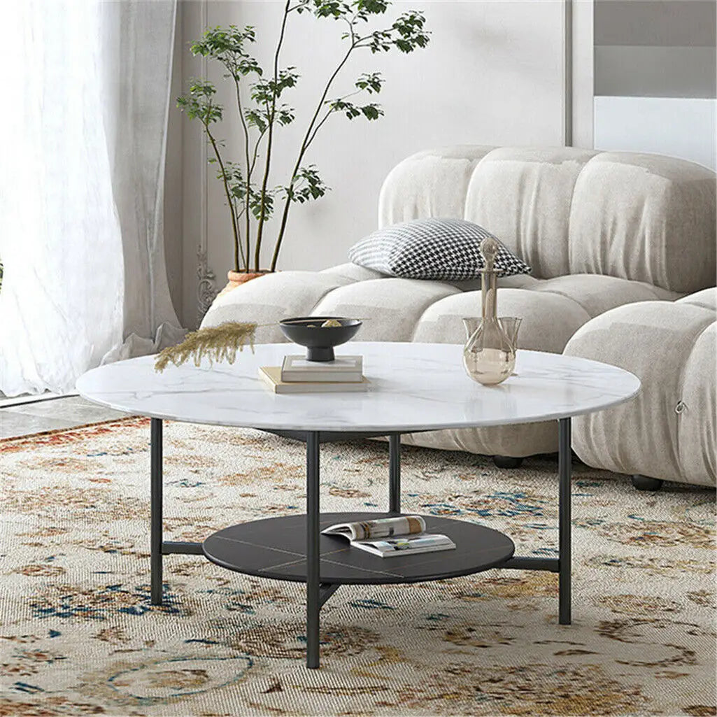 2 Tier Round Coffee Table Modern High End Sintered Stone Desk Home Furniture Table Metal Frame for Living Room, Bedroom