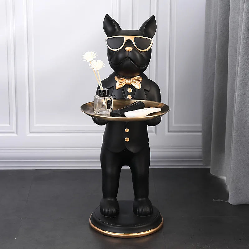 67cm Floor French Bulldog butler with Tray Sculpture Big Resin Dog Statue Animal Nordic Home Decoration Ornament Living room