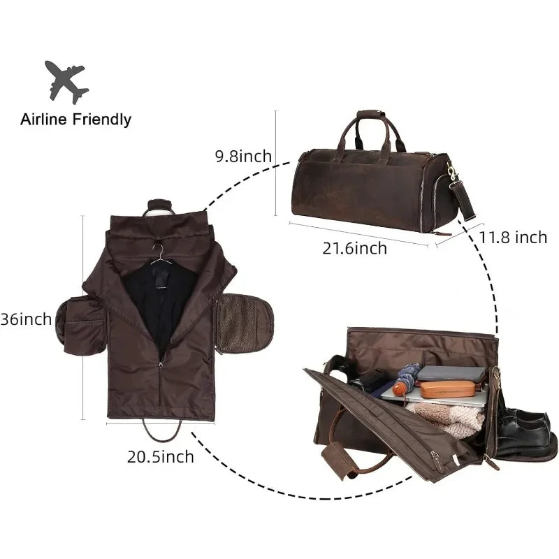 Grain Leather Travel Weekender Overnight Large Duffel Bag 2 in 1 Hanging Suitcase Suit Travel Bags for Men