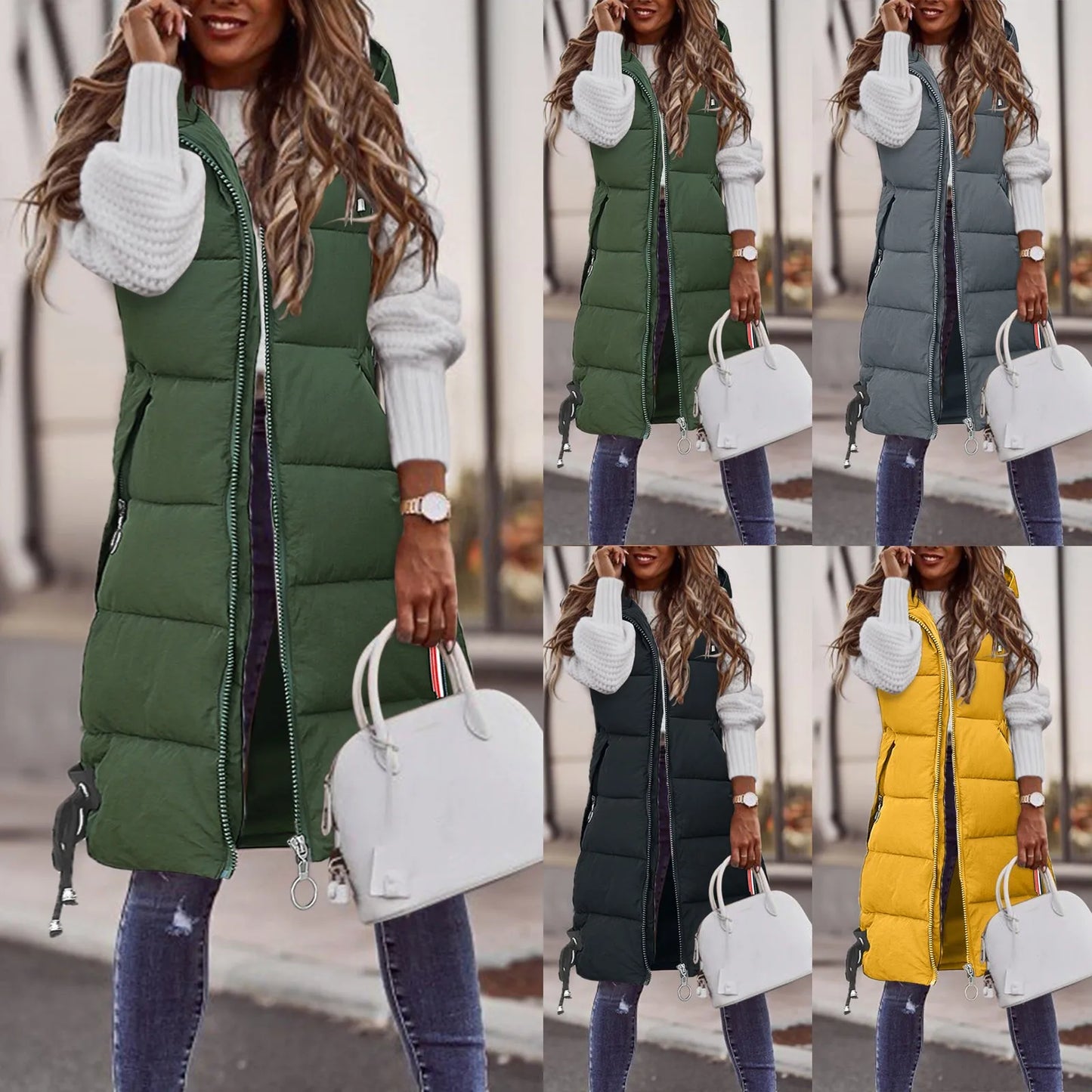 Women's Sleeveless Long Vest Jacket Solid Color Zipper Hooded Vests Waistcoat Loose Female Fashion Casual Winter Warm Coat