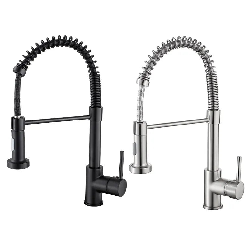 Black and Chromed Spring Pull Down Kitchen Sink Faucet Hot and Cold Water Mixer Crane Tap with Dual Spout Deck Mounted