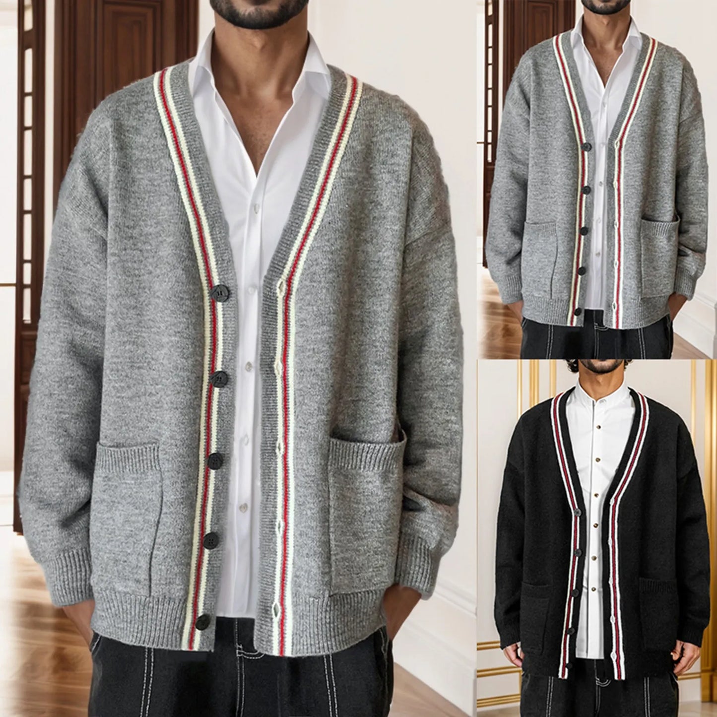 Men's Casual Long Sleeve Shawl Collar Buttons Down Cable Knit Cardigan Sweater With Pockets