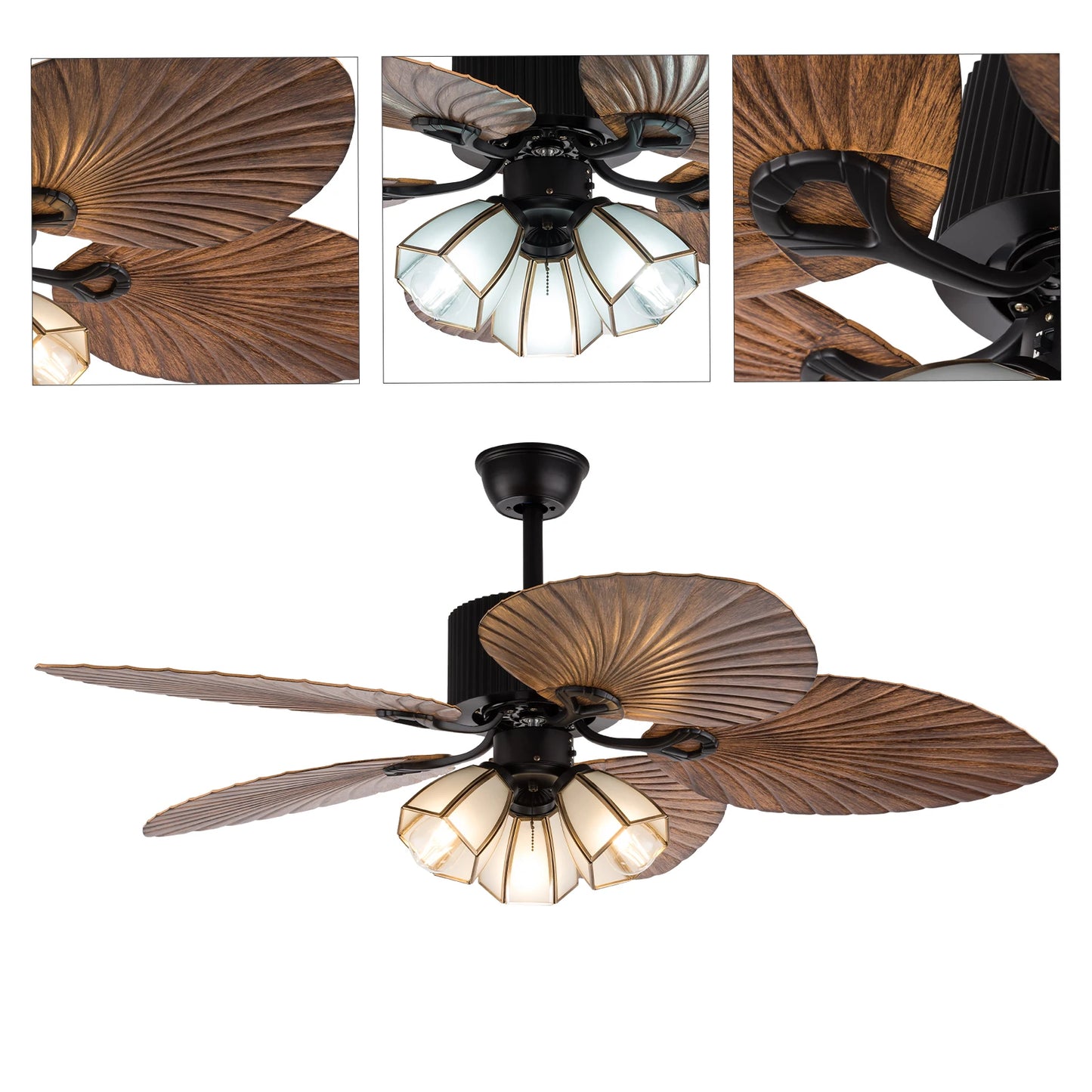 Tropical Ceiling Fan with Light LED Reversible Room Decor 52" Fan Lamp Hall Chandelier Living Room with Remote Control Low-noise