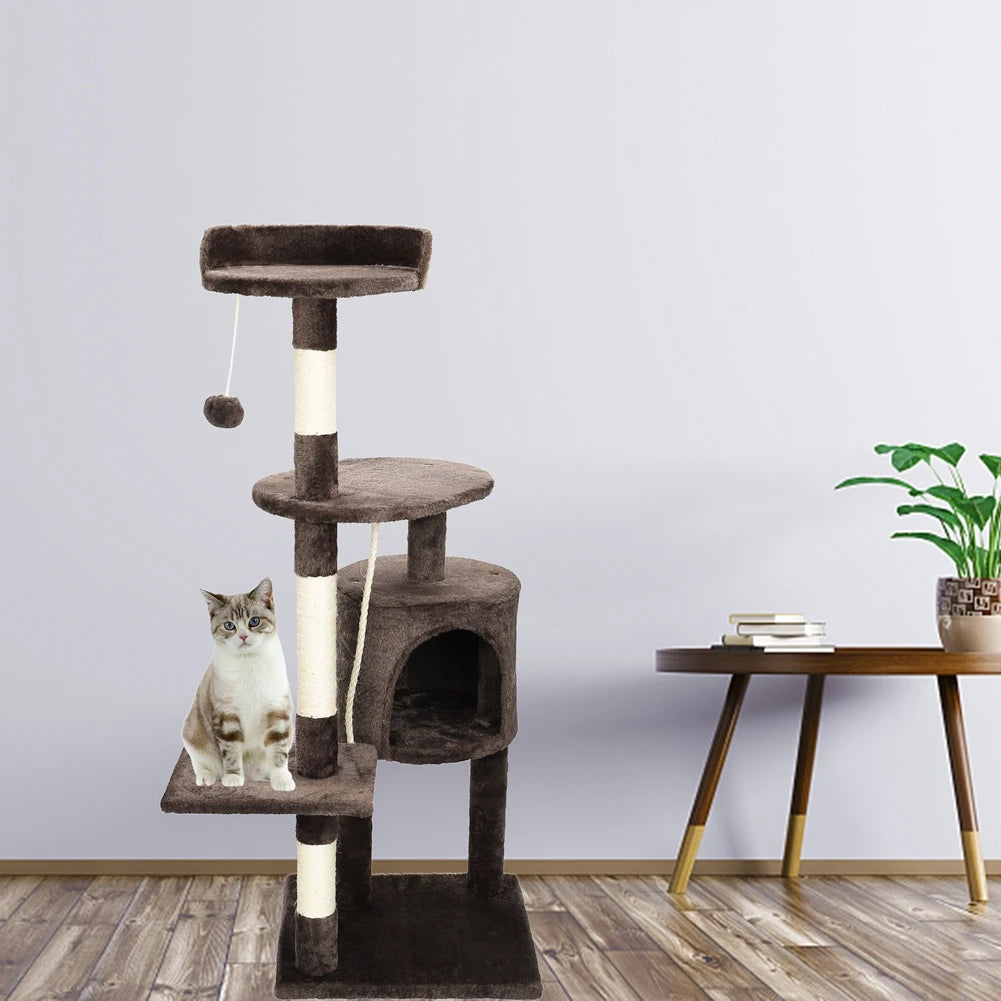 Cat Tree House Multi-layer Cat Climbing Tower Cat Scratching Posts Cover Plush Cloth Cat Condos Dangling Ball for Indoor Cats