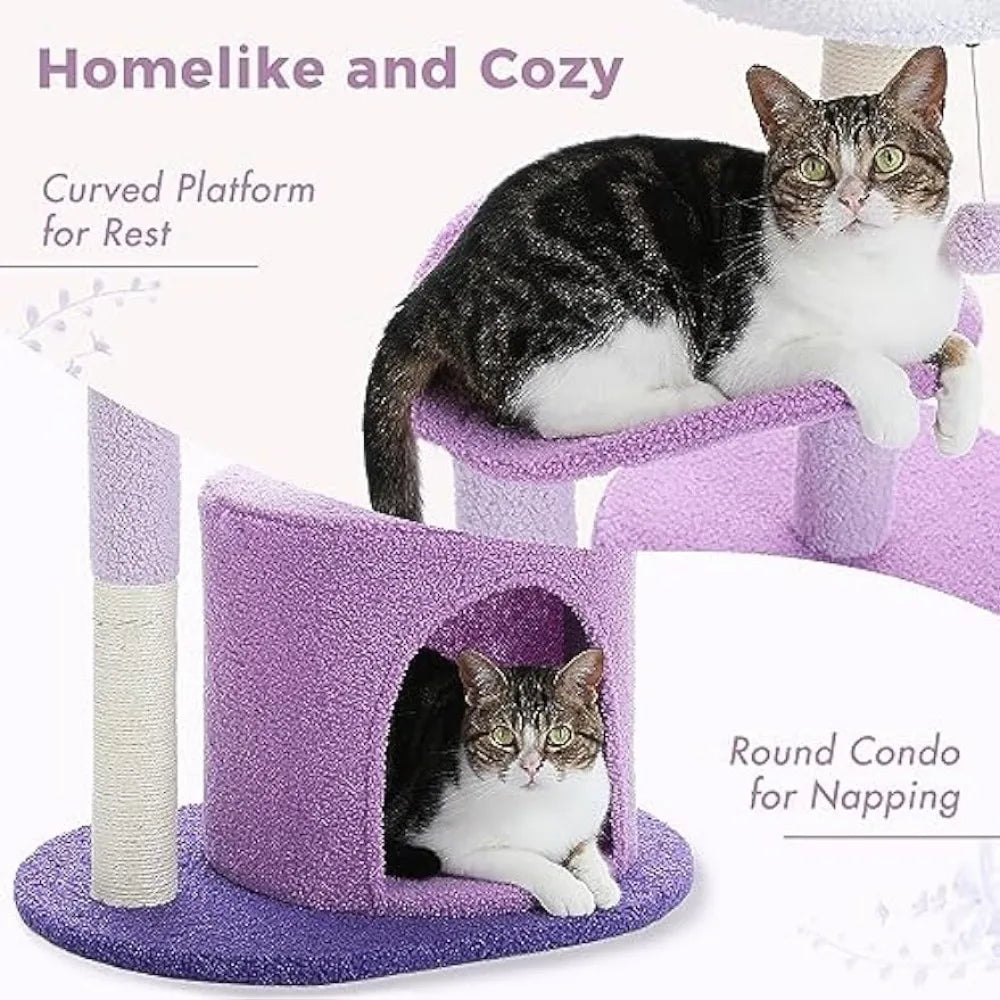 32 Inches Purple Flower Cat Tower with Sisal Covered Scratching Post, Cozy Condo, Plush Perches and Fluffy Balls cat furniture