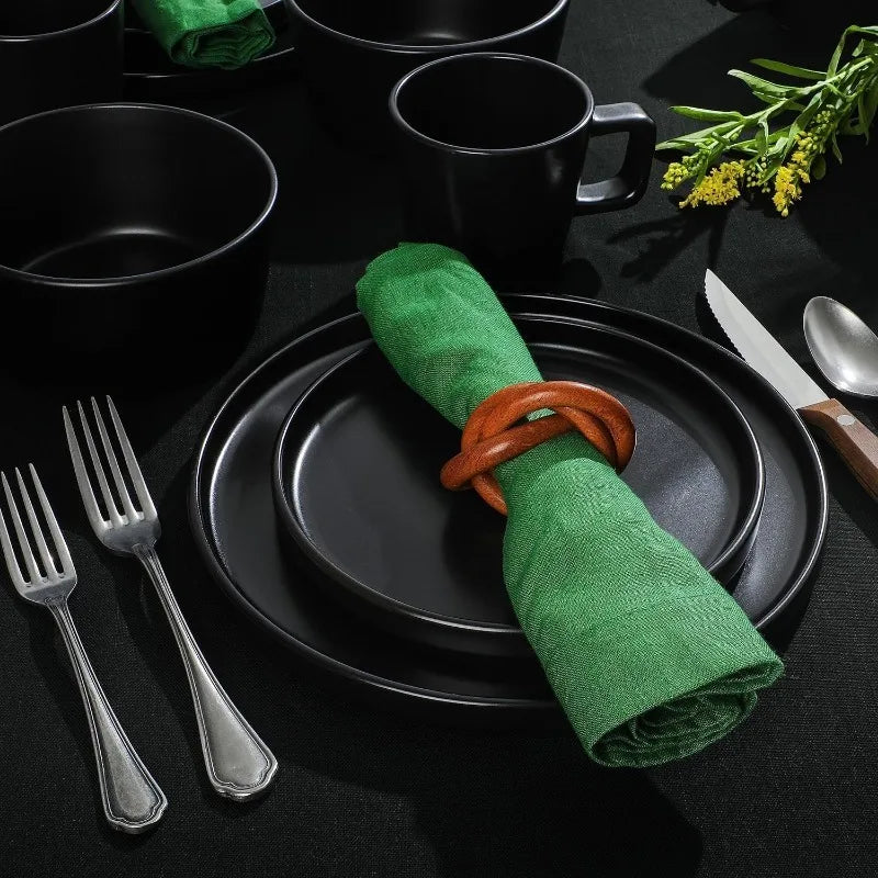 32 Piece Matte Black Stoneware Dinnerware Plates, Bowls, and Mugs Set - Service for 8