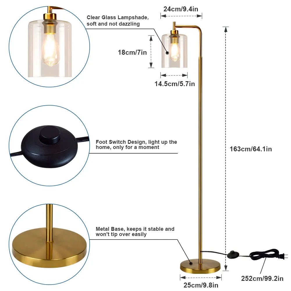 Depuley Metal Floor Lamp Glass Shade LED Brass Pole Arc Tall Lighting for Living Room Bedroom Office Simple Luminaire E26 Gold