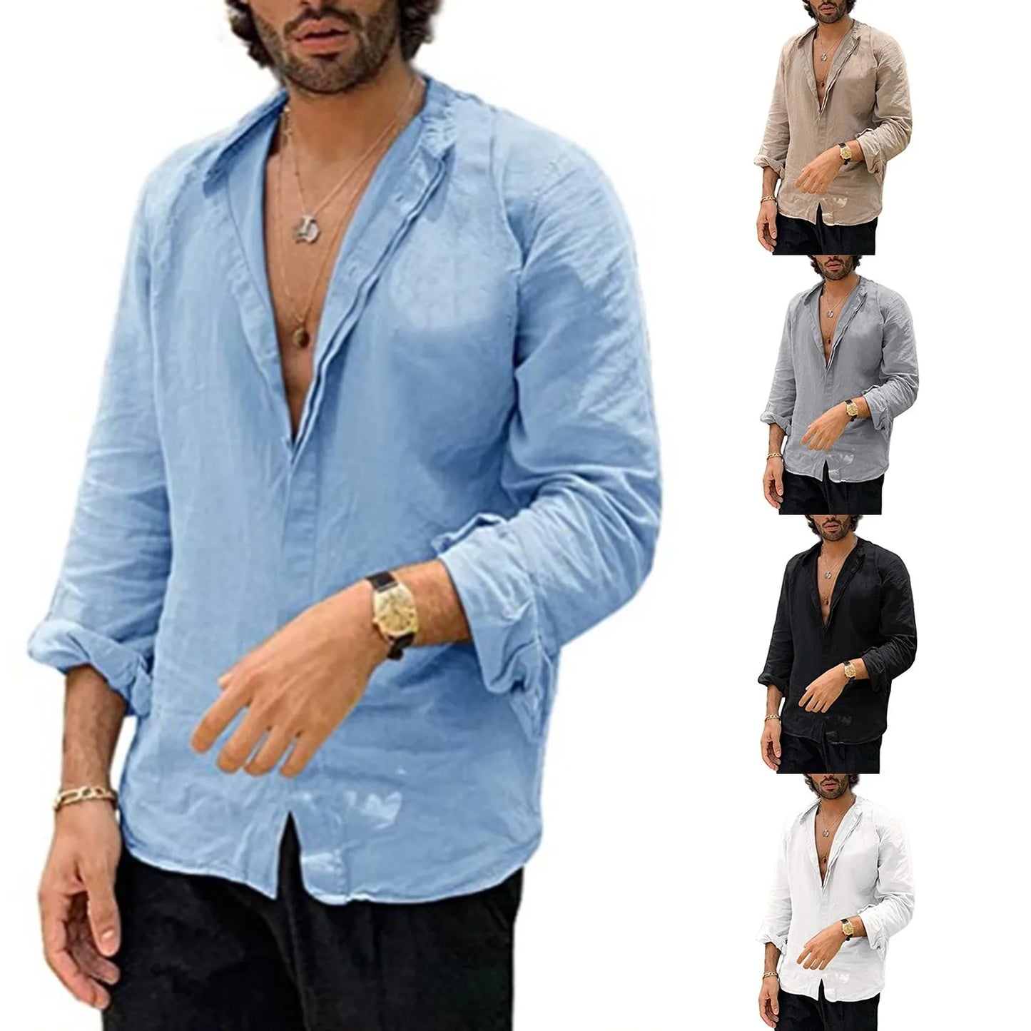 Men's Solid Color Lapel Long Sleeved Shirt Casual Beach Shirt Loose Cardigan Blouses Streetwear