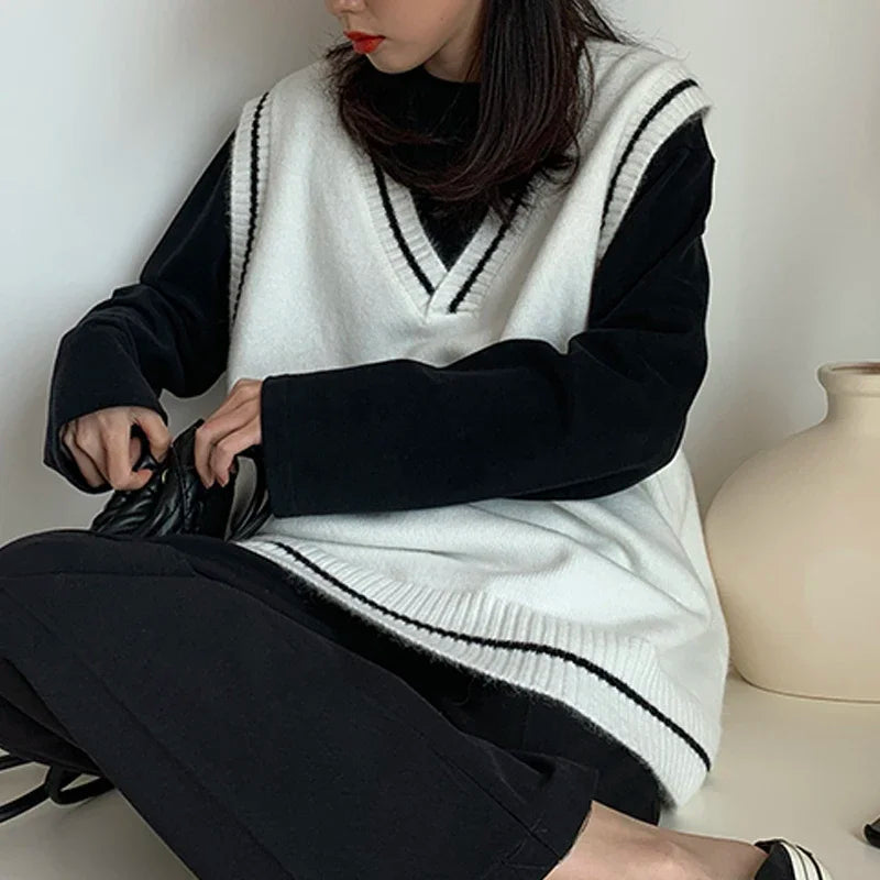 Y2K Style Women's Knitted Sweater Vest 2024 New Oversized Knitwear All-Match Pullover Tops V Neck Sleeveless Girls Retro Jumpers