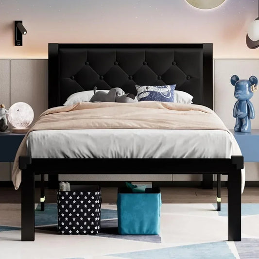 Twin Size Metal Bed Frame with Faux Leather Button Tufted Headboard, Heavy-Duty Platform with 12" Storage,Black Bed Frame