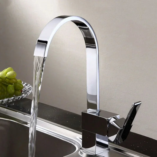 Stainless Steel Kitchen Faucet Single Square Flat Tube Hole Hot and Cold Kitchen Sink Mixer Tap 360 Degree Rotation Water Faucet