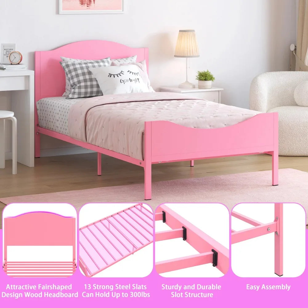 Kids Twin Metal Platform Bed Frame with Wood Headboard for Girls, Toddler, Kids, and Teens, Pink Finish，Best Gift for Kids