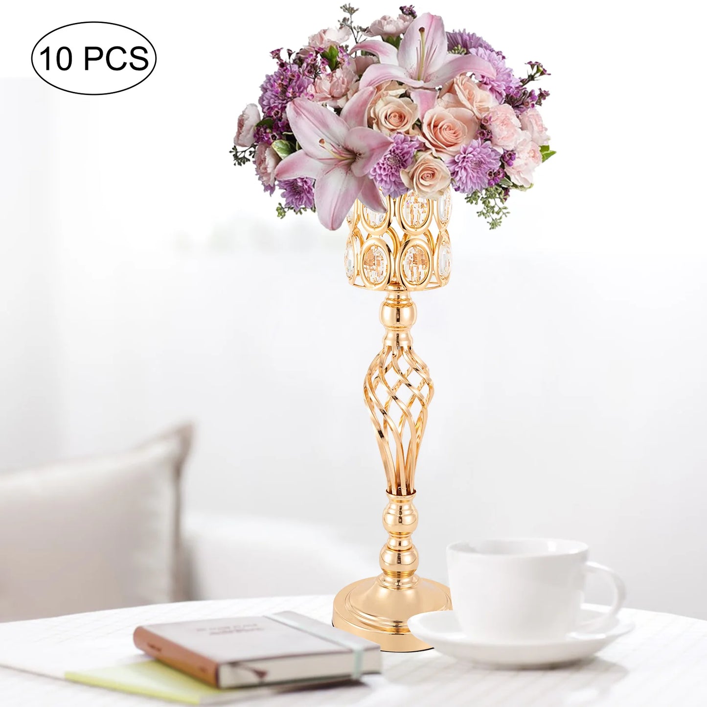 10 Pcs Vases for Centerpieces with Crystal Beads, Wedding Centerpieces for Tables, Metal Flower Stand for Wedding, Birthday