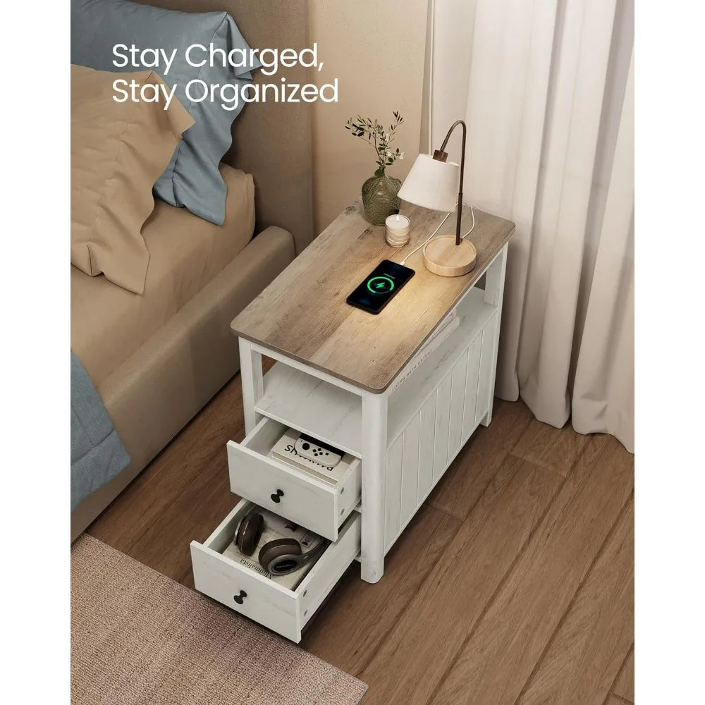 Side table, living room end table with charging station, 2 drawers, and storage room, household living room small coffee table