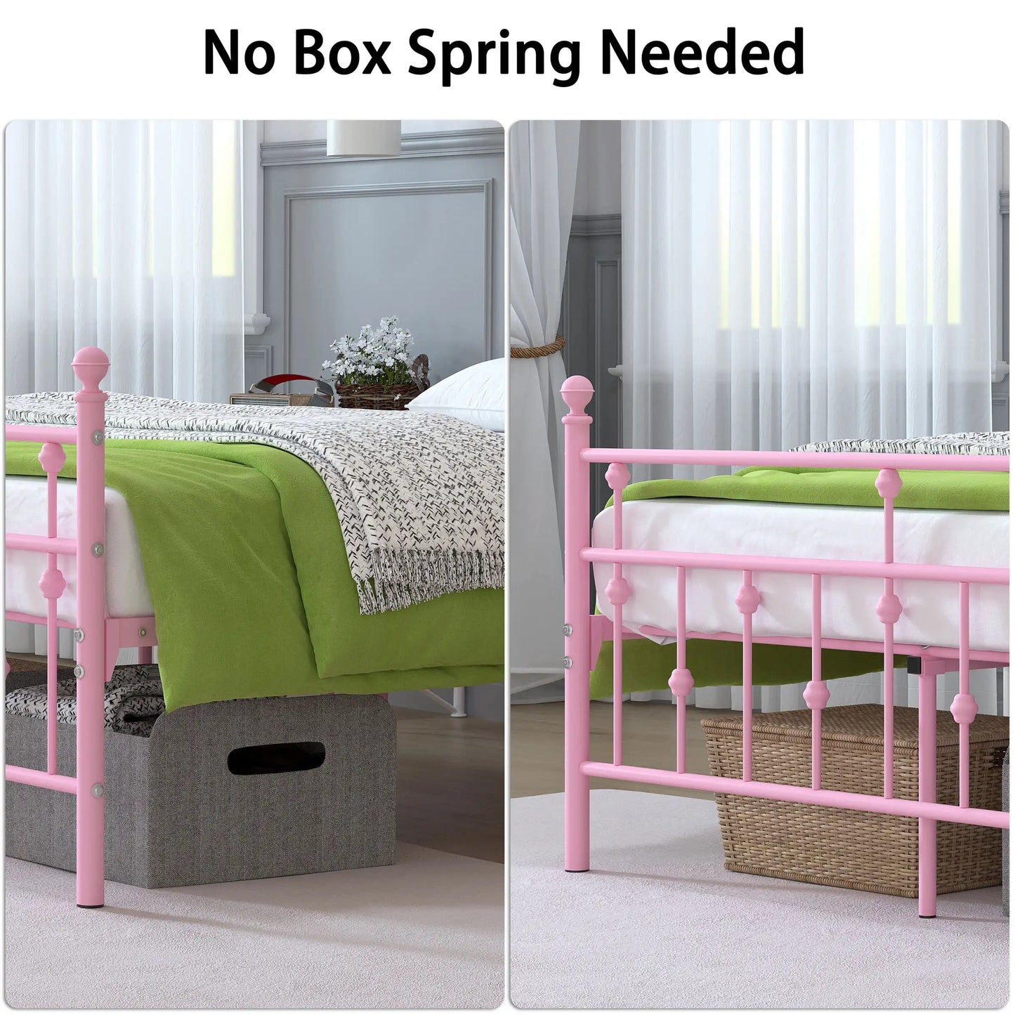 Yoneston Metal Platform Bed Frame with Retro Headboard Footboard, 14" High Under Bed Storage Single Bed Frame No Box Spring-Pink