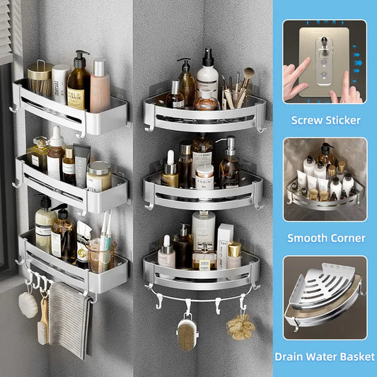 Aluminum Alloy Bathroom Shelf Without Drilling Bathroom Accessories Shampoo Rack Toilet Corner Wall Mounted Shower Shelf