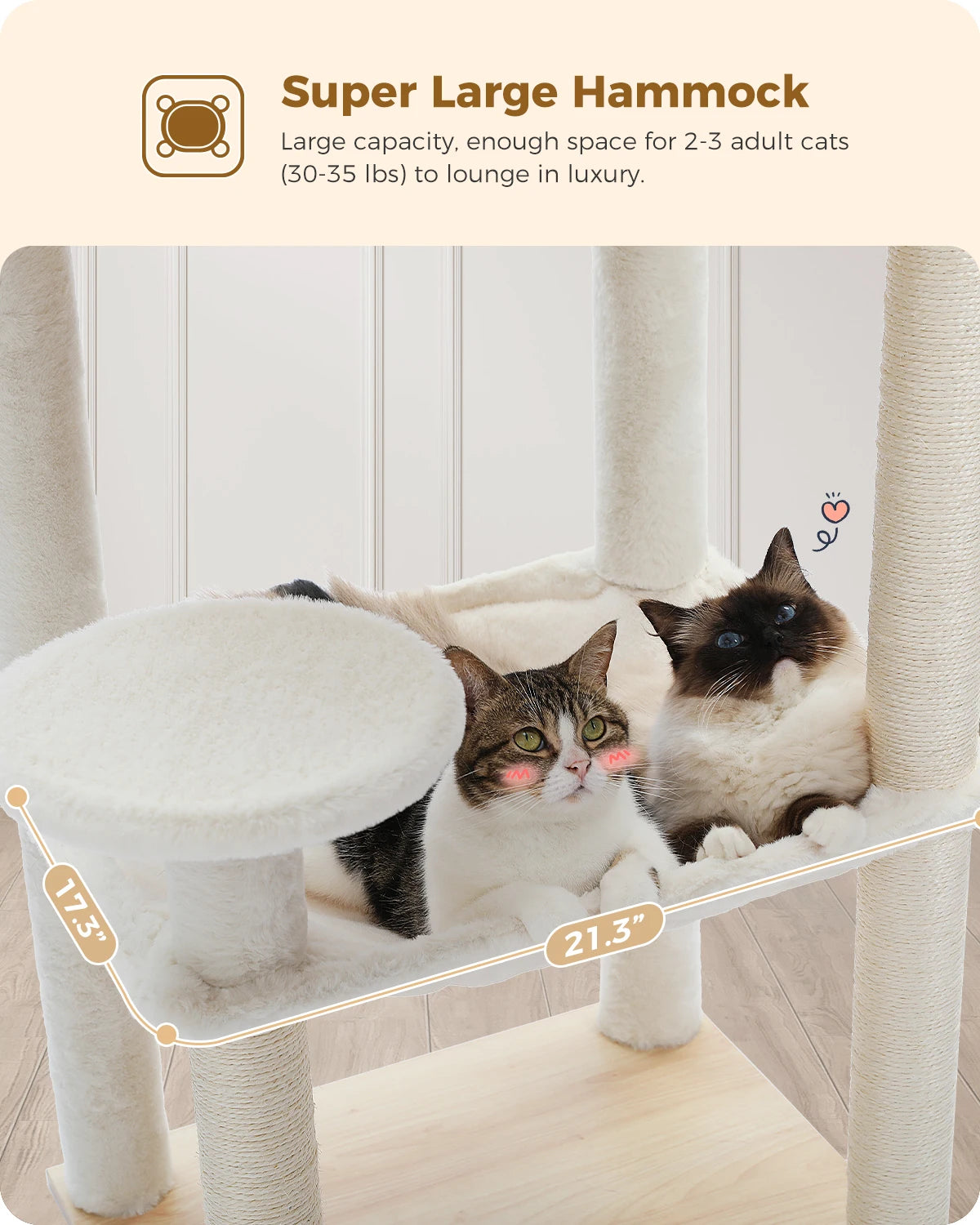 Multi-Level Cat Tree Condo with Sisal Scratching Posts Wood Cat Tree for Indoor with Cozy Condo Super Large Hammock Plush Perch