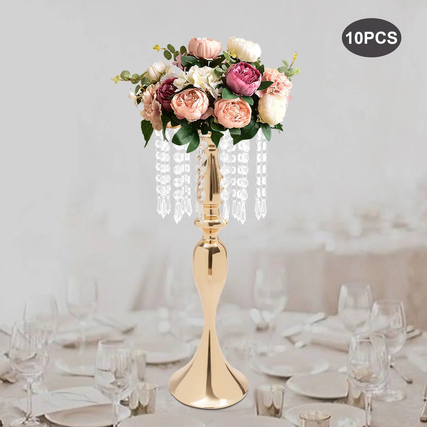 10Pcs Crystal Metal Flower Vases Stand 54cm Height for Wedding Party Reception Dining Room Living Room Table Centerpieces Decor