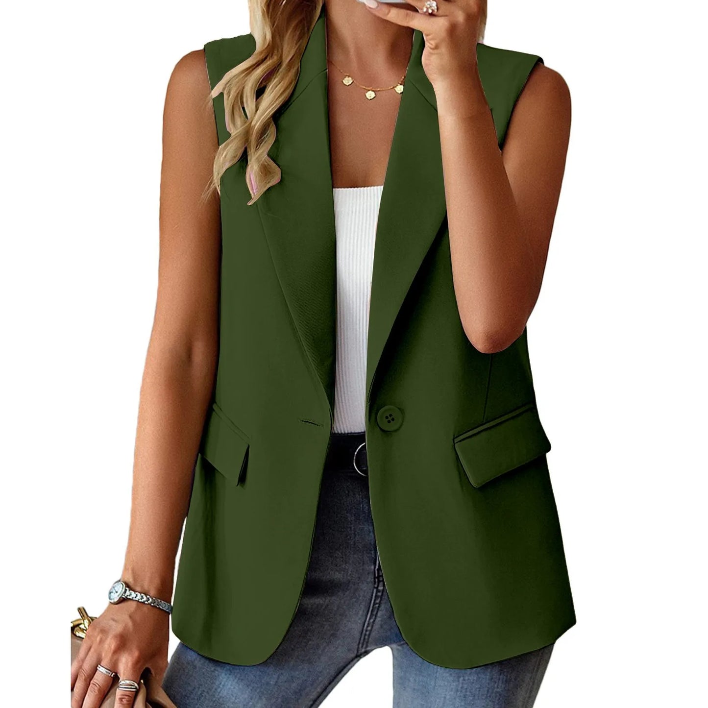 Women Solid Color Sleeveless Coat Lapel Cardigan Suit Simple Elegant Cardigan Jacket With Pockets Ladies Chic Casaco Feminino