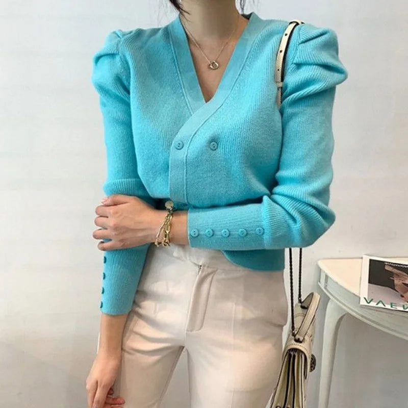 2023 New Women's Clothing Solid Color Fashion Loose Pleated Buttons Temperament Elegant Long Sleeve Autumn Thin V-neck Sweaters