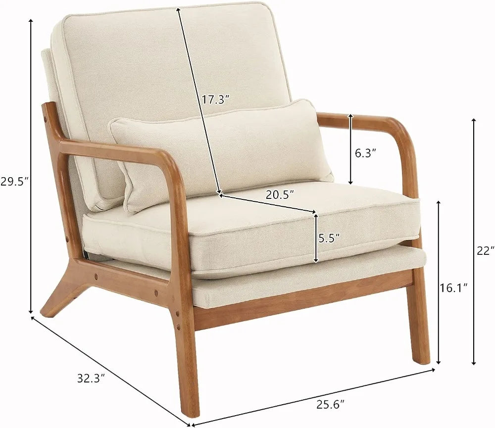 Accent Chair Mid-Century Modern Chair with Pillow Upholstered Lounge Arm Chair with Solid Wood Frame & Soft Cushion