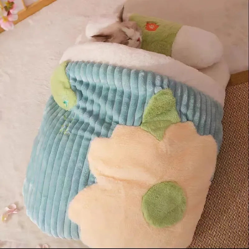 Japanese Sakura Warm Cat Bed Cat Sleeping Bag Deep Sleep Winter Dog House Cats Nest Cushion With Pillow Removable Pet Products