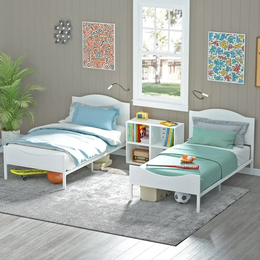 Timy Kids Twin Bed Frame with Wooden Headboard and Footboard, Metal Platform Bed Frame for Boys Girls Teens Adults