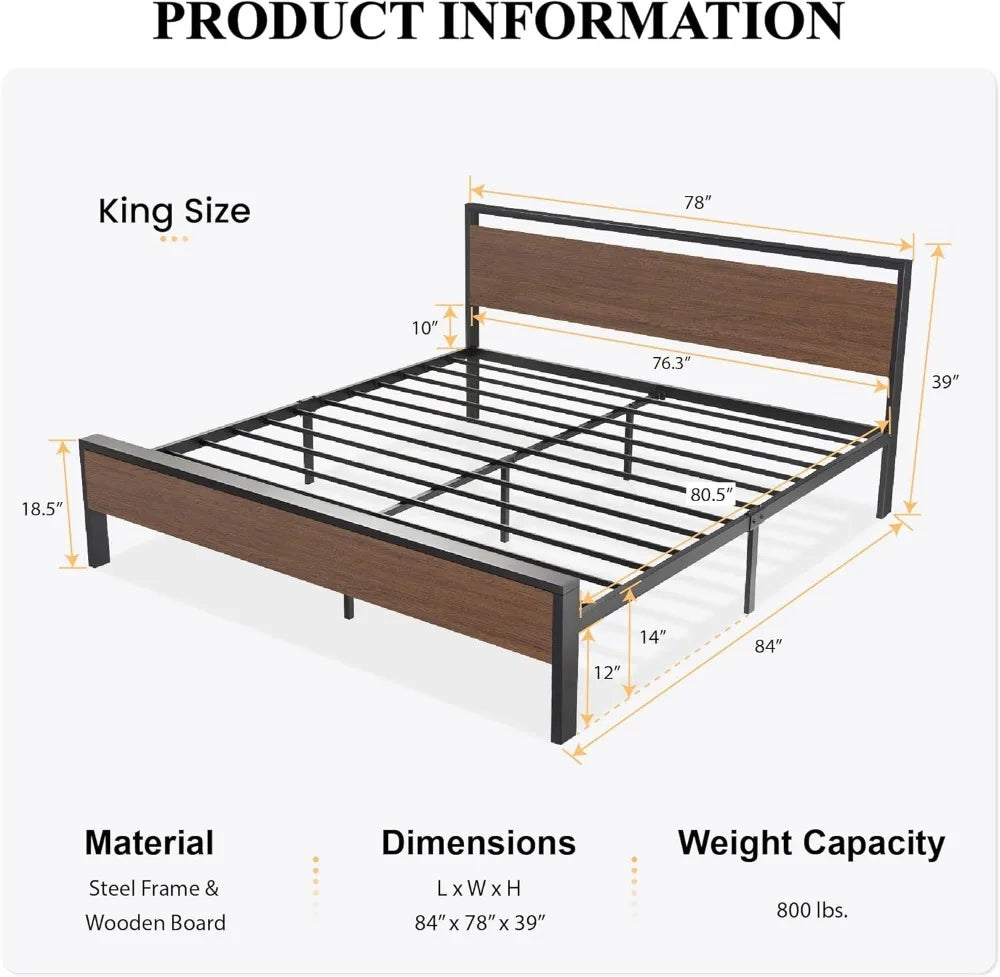 14 Inch Queen Size Metal Platform Bed Frame with Wooden Headboard and Footboard, Mattress Foundation, No Box Spring Needed