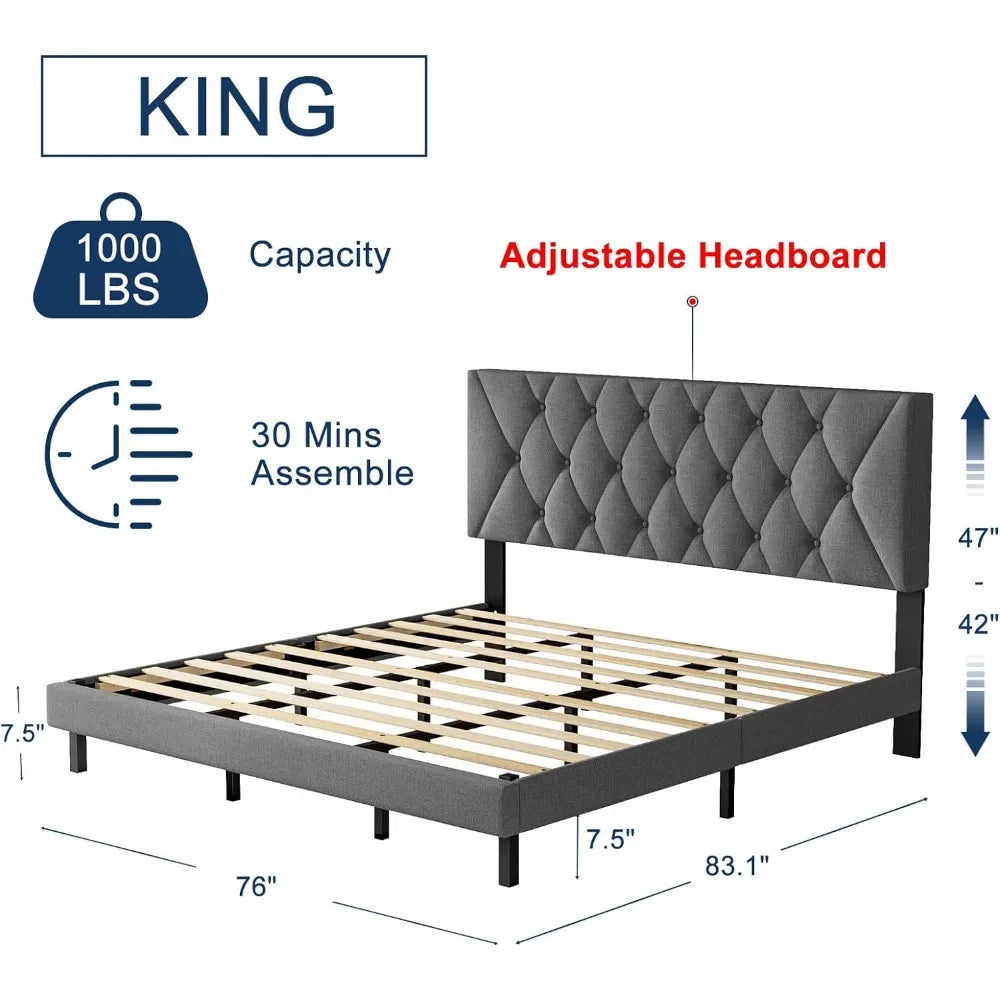 King Size Bed Frame,with AdjustAble Headboard,Sturdy Frame Wooden Slat SupportS,Non-Slip And Noiseless, Linen Fabric Wrap