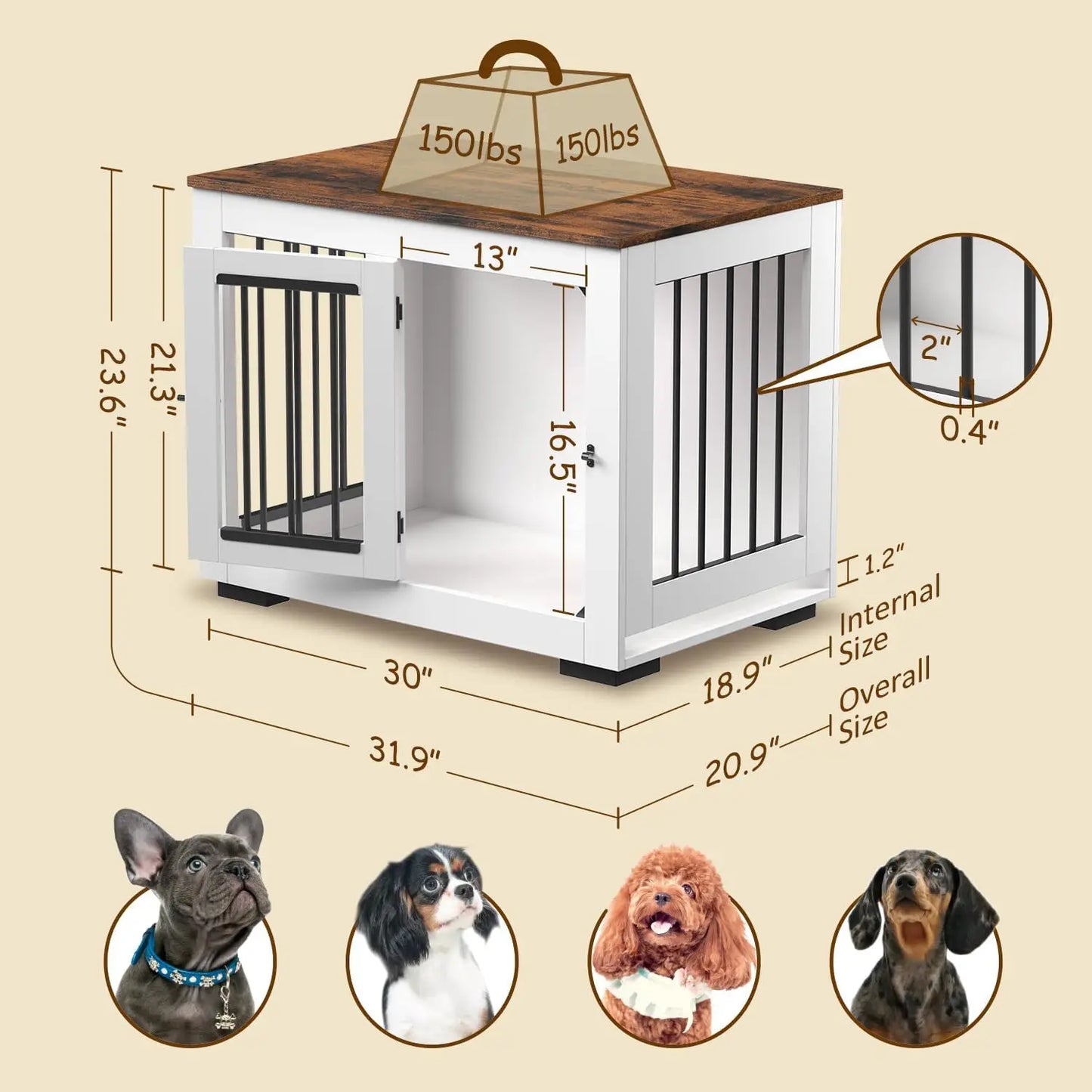 White Dog Crate Furniture for Medium Dogs Up to 40 lbs. - Decorative Puppy Kennel w/Wide Farmhouse Table Top & Steel Bar