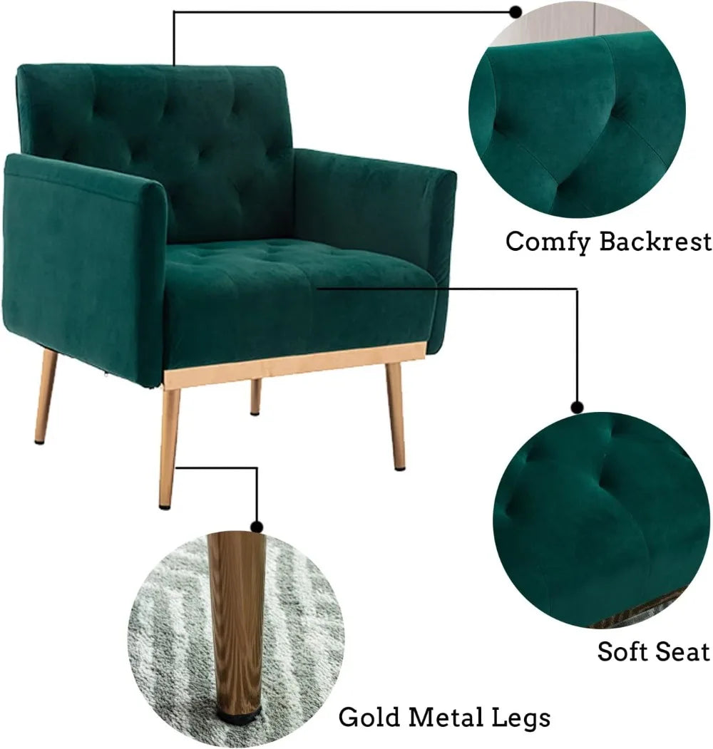 Velvet Accent Chair with Arms for Living Room, Modern Tufted Single Sofa Armchair with Gold Metal Legs Upholstered Reading