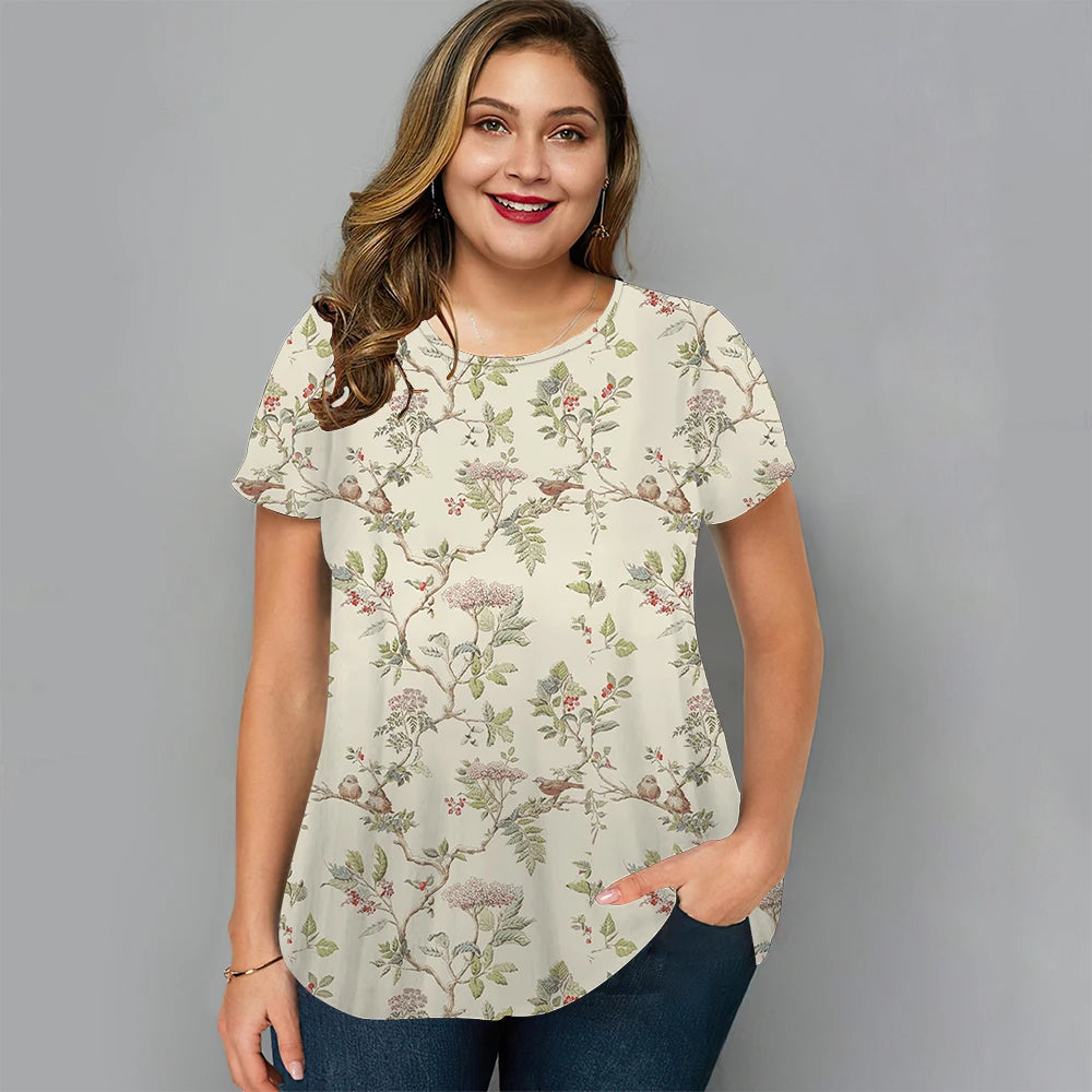 Plus Size Women'S T-Shirt Fashion Flower Short Sleeve Tee Loose Casual Female Clothing Street O Neck Summer T Shirt Ladies Tops