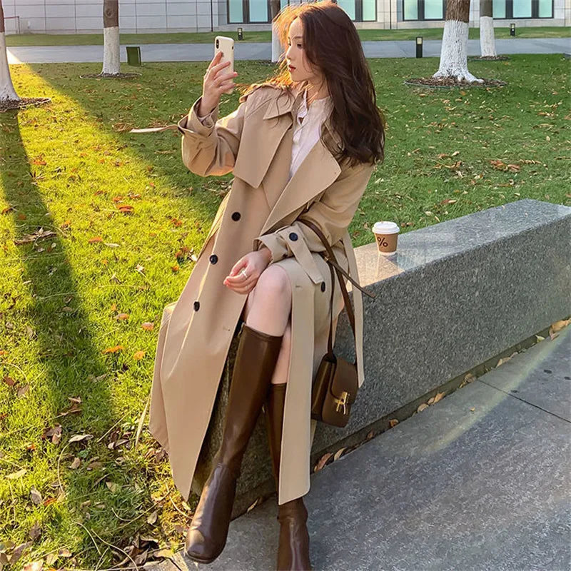 Streetwear Loose Trench Coat Midi Length Fashion Korean Elegant Khaki Black Women's Windbreaker Coat Casual Double Breasted Tops