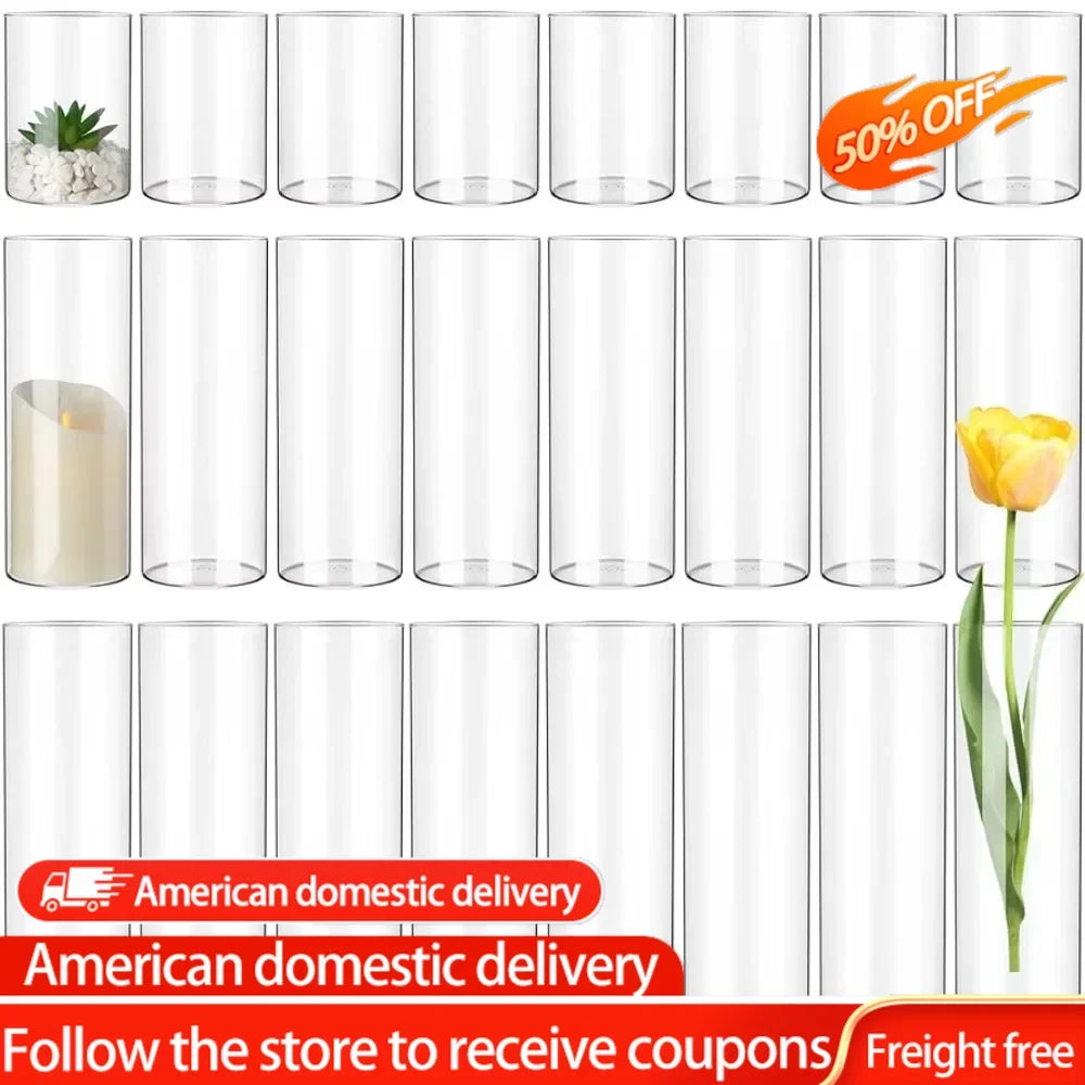 24 Pcs Glass Cylinder Vase 4 Elegant Room Ornaments for Home 8 Luxury Living Room Decoration and Table Accessories Flower Bottle