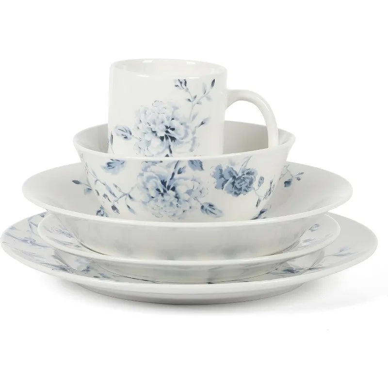 Empress Bouquet Decorated Porcelain Dinnerware Plates and Bowls Set - Blue Floral, Service for 6 (30pcs)