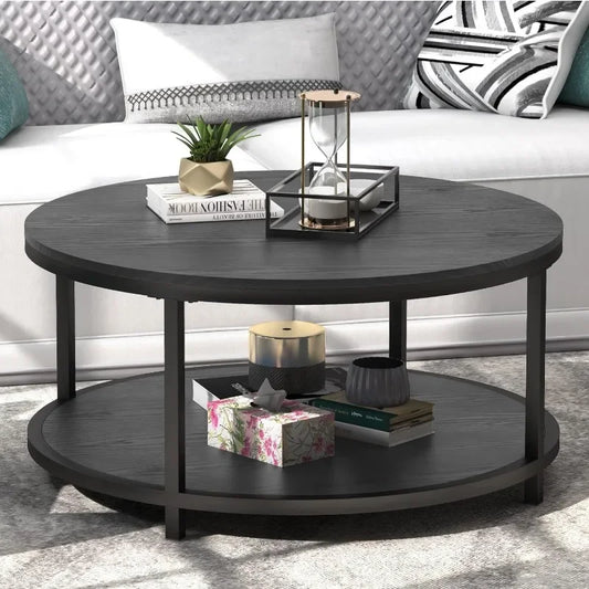 WiberWi Rustic Industrial 35.8" Round Coffee Table with Storage Shelf and Sturdy Metal Legs, Easy Assembly