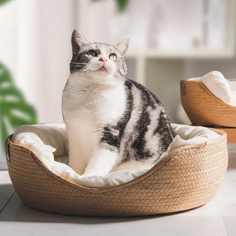 Four Season Cozy Nest Baskets Sleeping Bag Soft Cat Kennel Dog Beds Bamboo Weaving Waterproof Removable Cushion Design Pet Beds