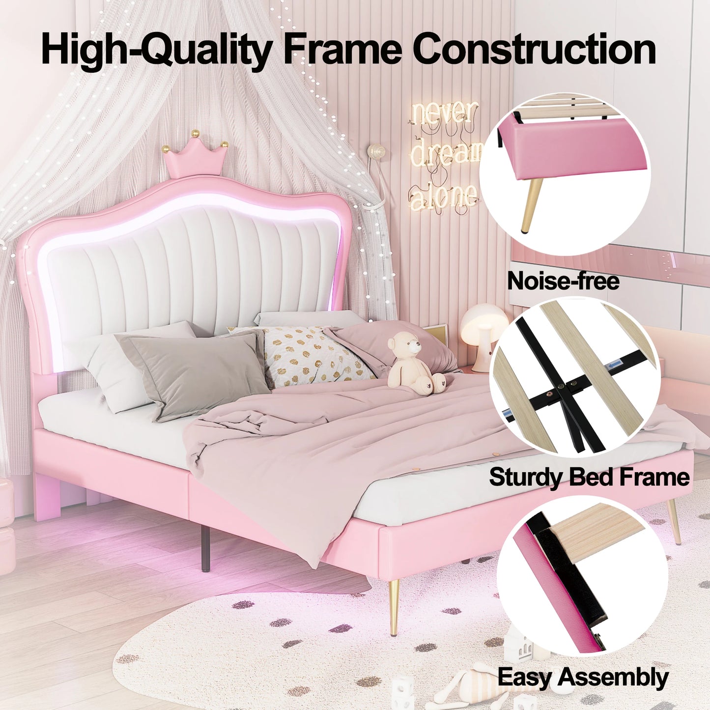 Queen/Full Size Upholstered Bed Frame with LED Lights Modern PU Princess Bed With Crown Headboard White/Pink[US-W]