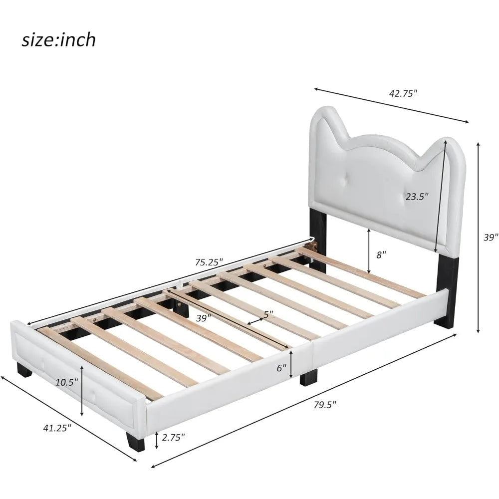 Bed frame, double size soft padded platform bed, with cardboard box ear shaped headboard, bedroom wooden platform bed frame