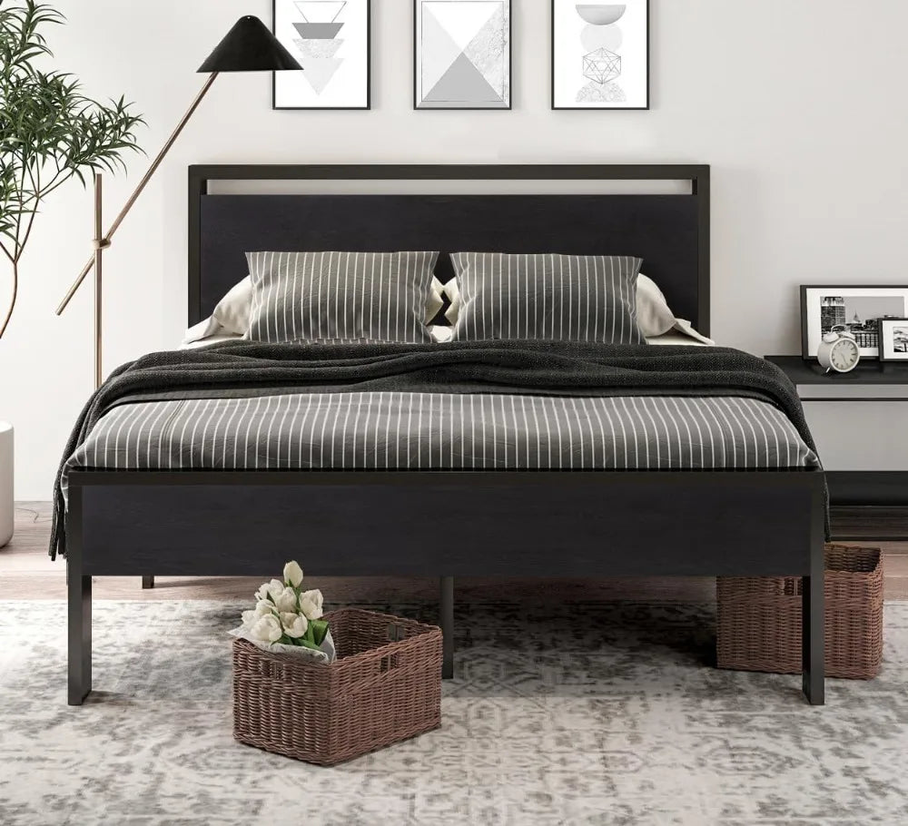 14 Inch Queen Size Metal Platform Bed Frame with Wooden Headboard and Footboard, Mattress Foundation, No Box Spring Needed