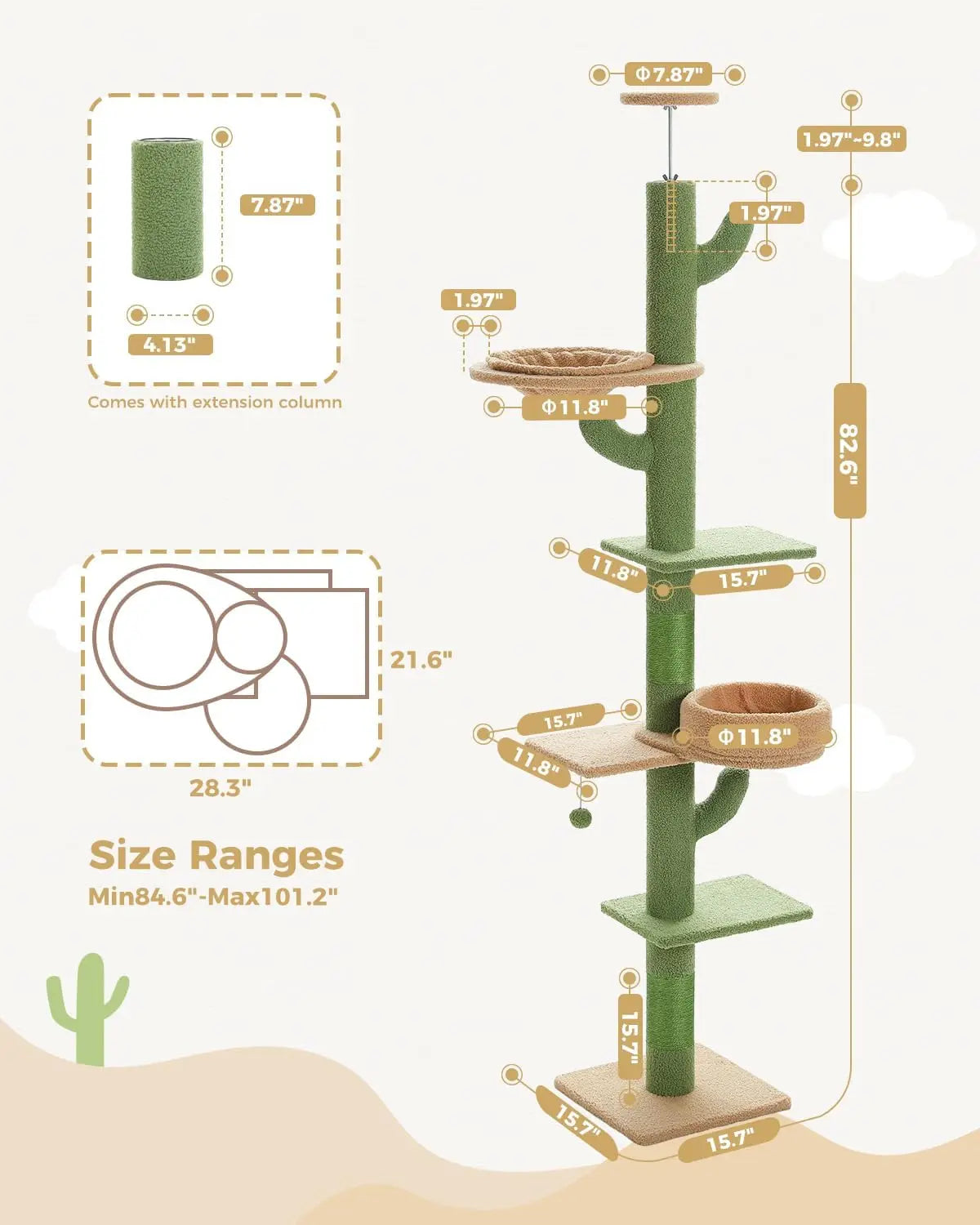 Floor to Ceiling Cat Tree [87"-100"] Height Adjustable, 5 Levels Cactus Cat Tower with Cat Perch&Replaceable Hammock