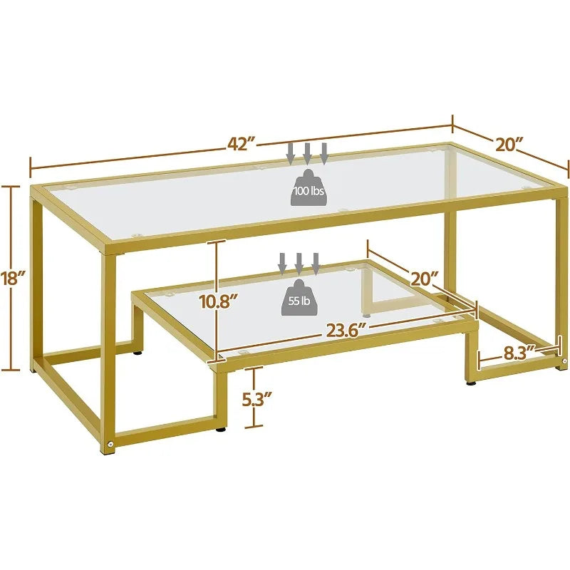 Gold Coffee Table, 42" Rectangular Glass Coffee Table for Living Room, 2-Tier Center Tea Table with Metal Frame for Small Space